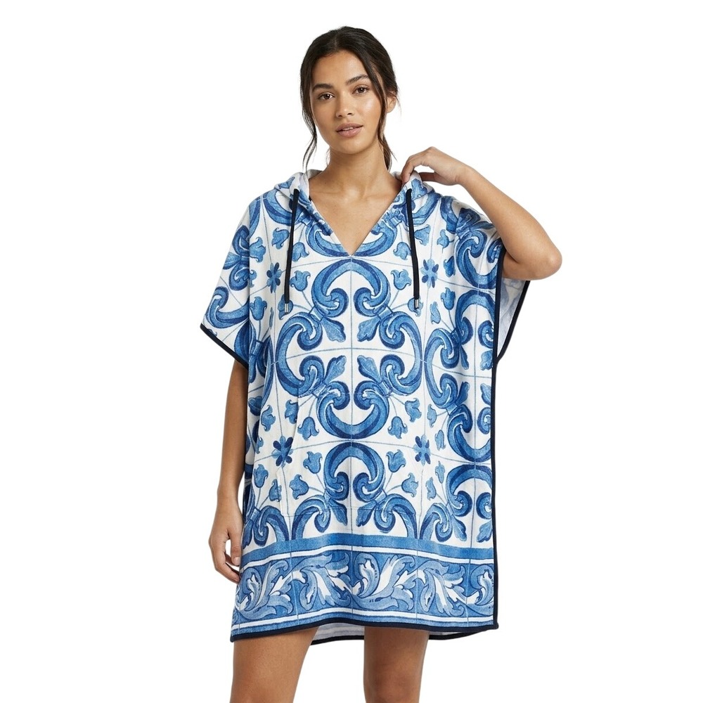 Tuckernuck Hooded Poncho Coverup Womens M/L Blue White Majolica Tile Print Terry